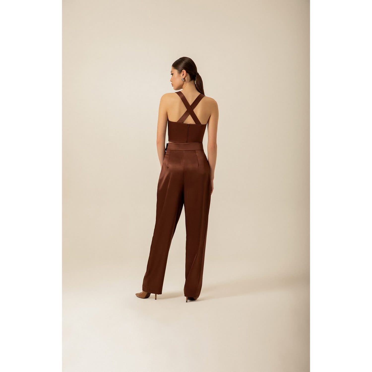 Pleated High-Waisted Brown Satin Trousers