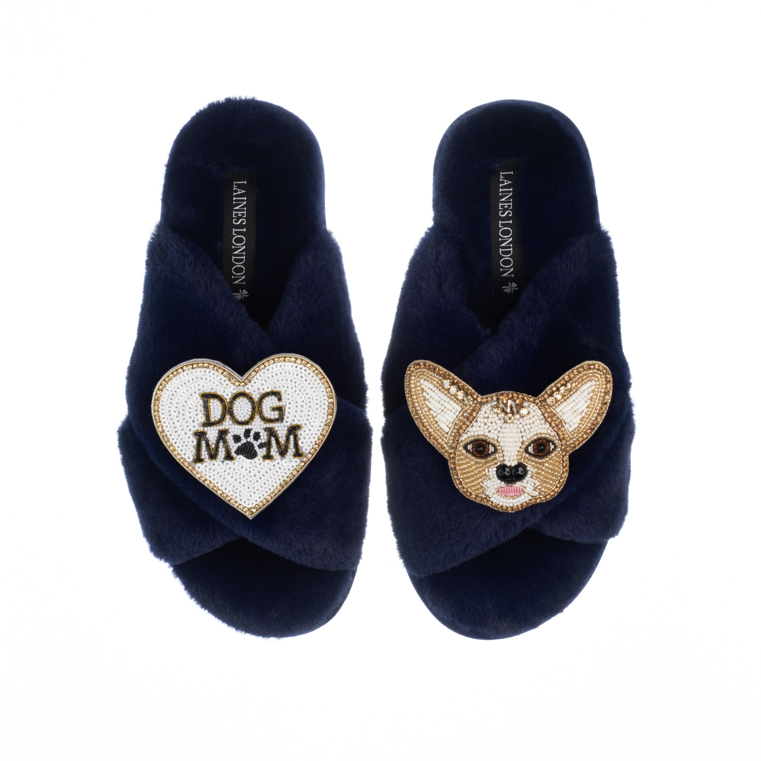 Laines London Women's Blue Classic Laines Slippers With Princess Chihuahua & Dog Mum / Mom Brooches - Navy In Blue