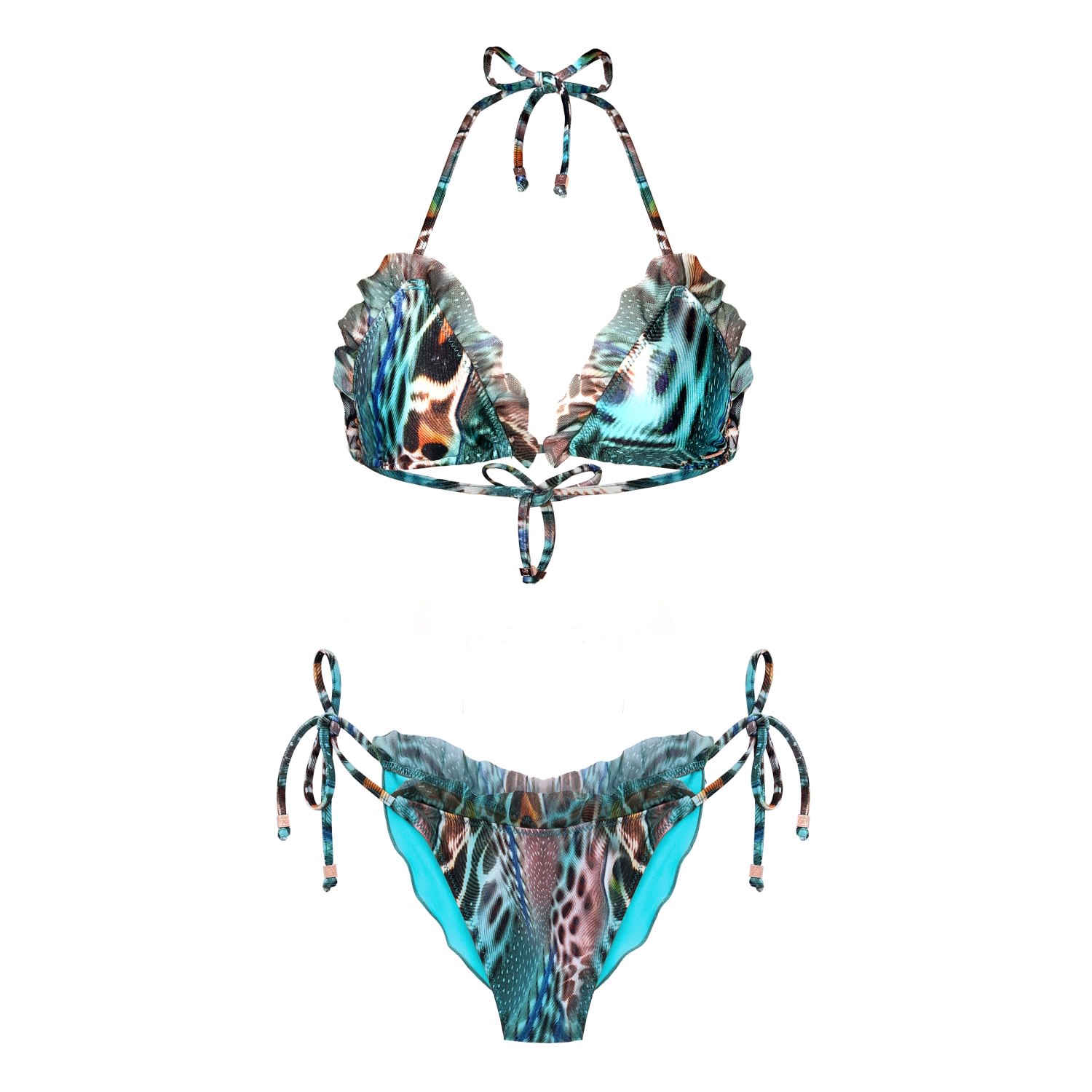 Deessa Ibiza Women's Gold / Green / Blue Green Ruffle Bikini Posidonia Carmen Lucia In Gold/green/blue
