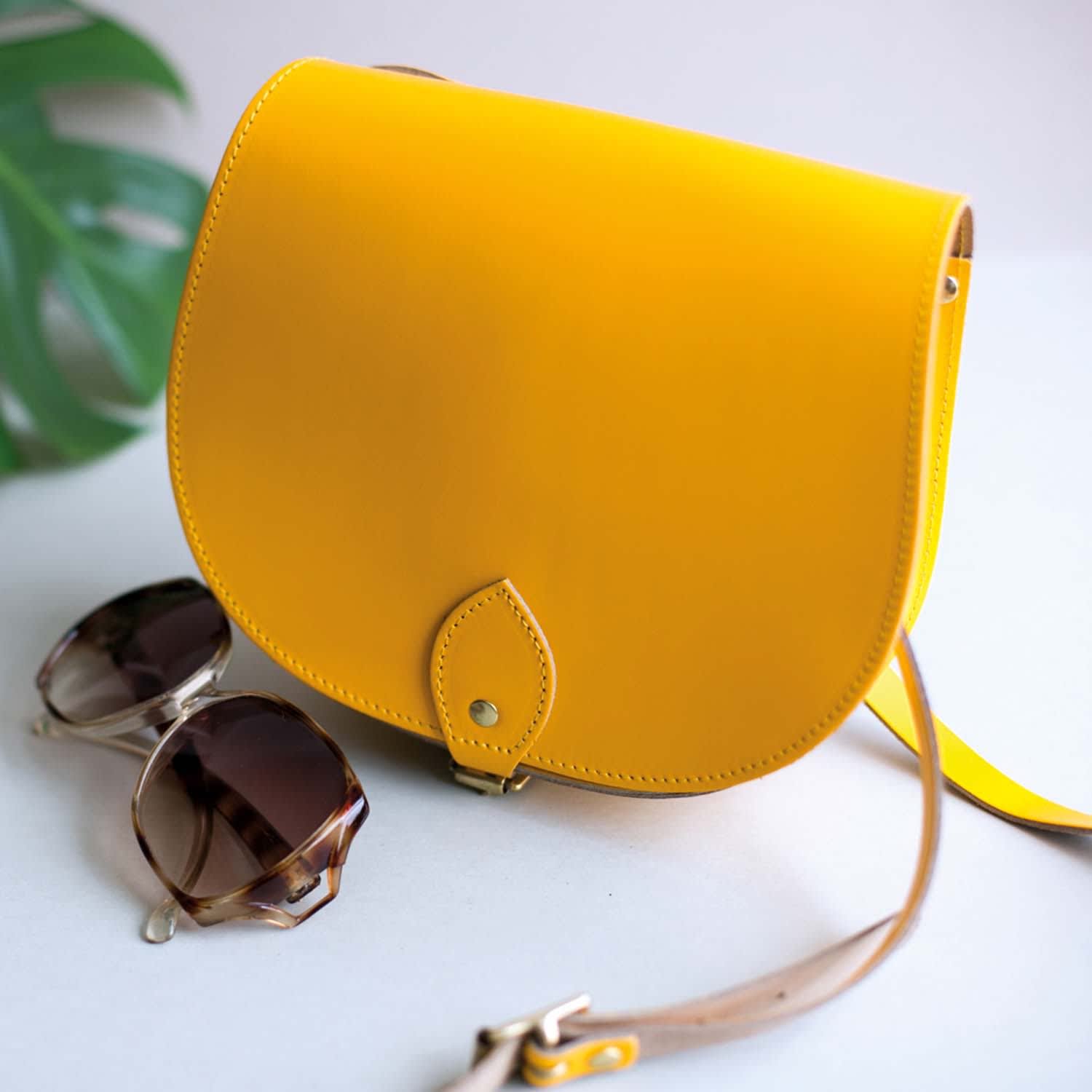 Yellow Genuine Leather Saddle Bag With Brown Removable Strap 