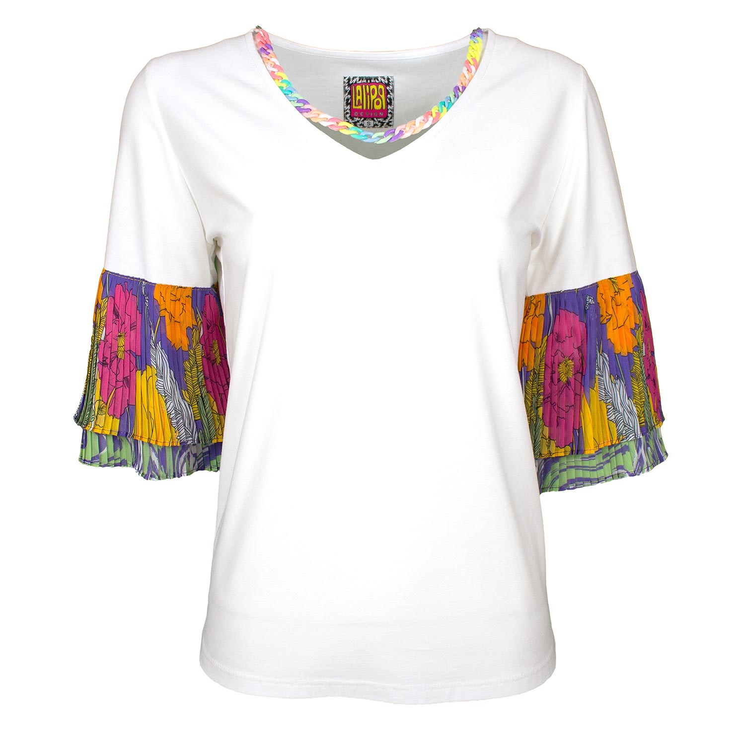 Lalipop Design Women's White Blouse With Pleated Sleeves And Detachable Colorful Half Chain In White