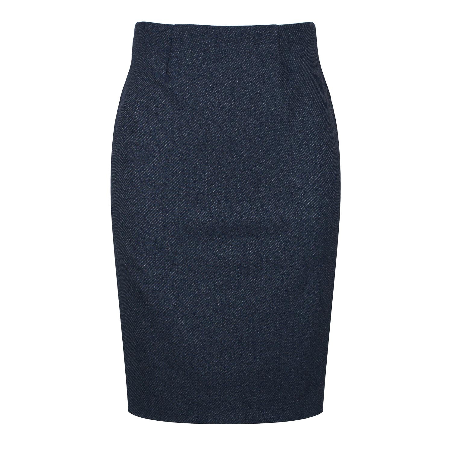 Conquista Women's Blue Classic Navy Pencil Midi Skirt – Subtle Pinstripe, Elastic Fabric, Back Slit In Blue