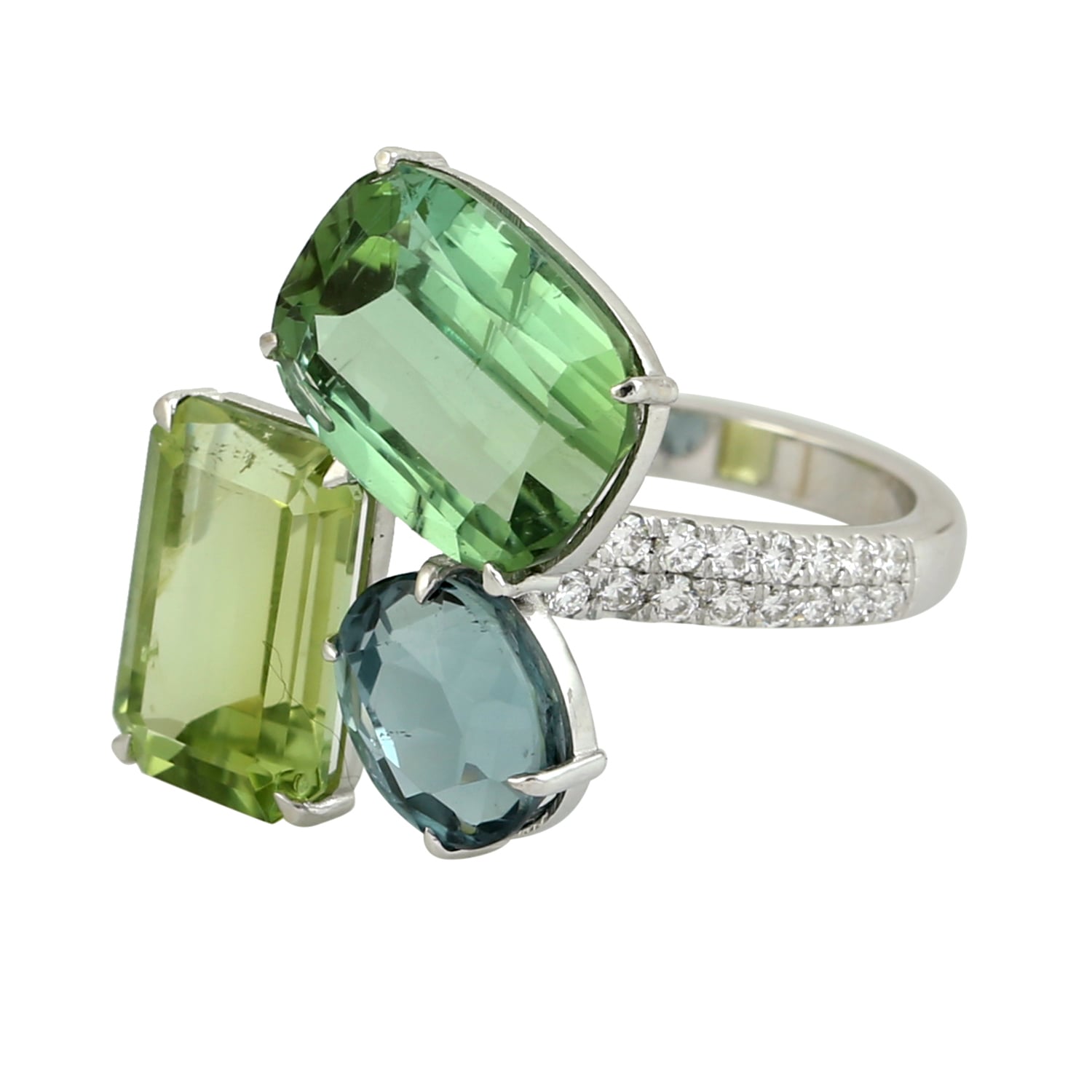 Artisan Women's White / Green Green Tourmaline Trio Ring With Pave Diamonds In 18k White Gold In Multi
