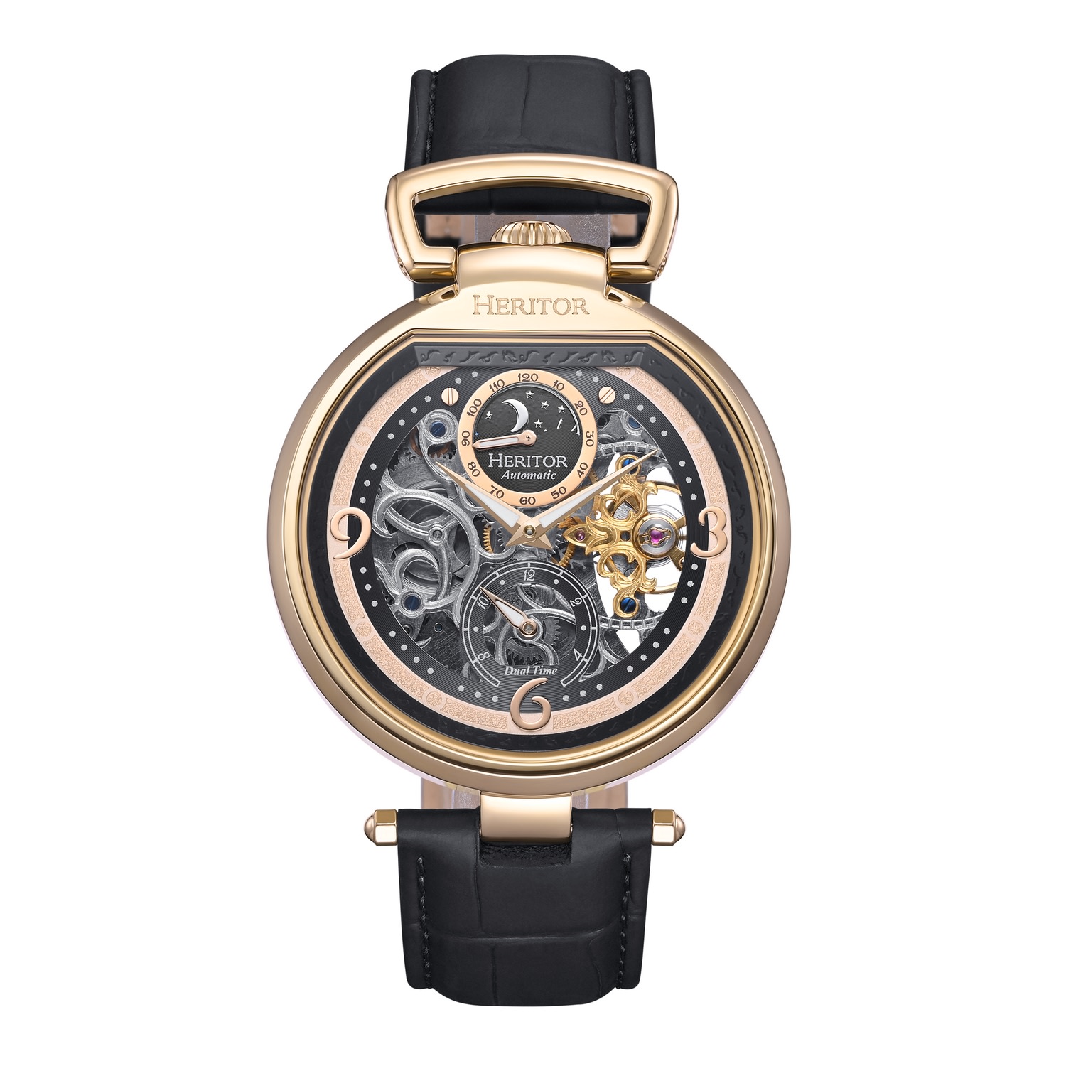 Heritor Automatic Men's Black / Gold Lincoln Leather-band Skeleton Watch With Dual Time And Moon Phase - Black, Gold