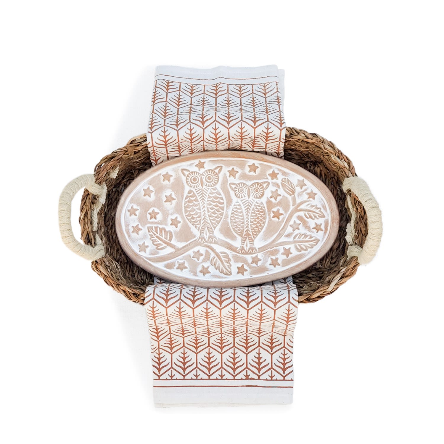 Korissa Bread Warmer & Basket Gift Set With Light Brown Tea Towel - Owl Oval In Brown