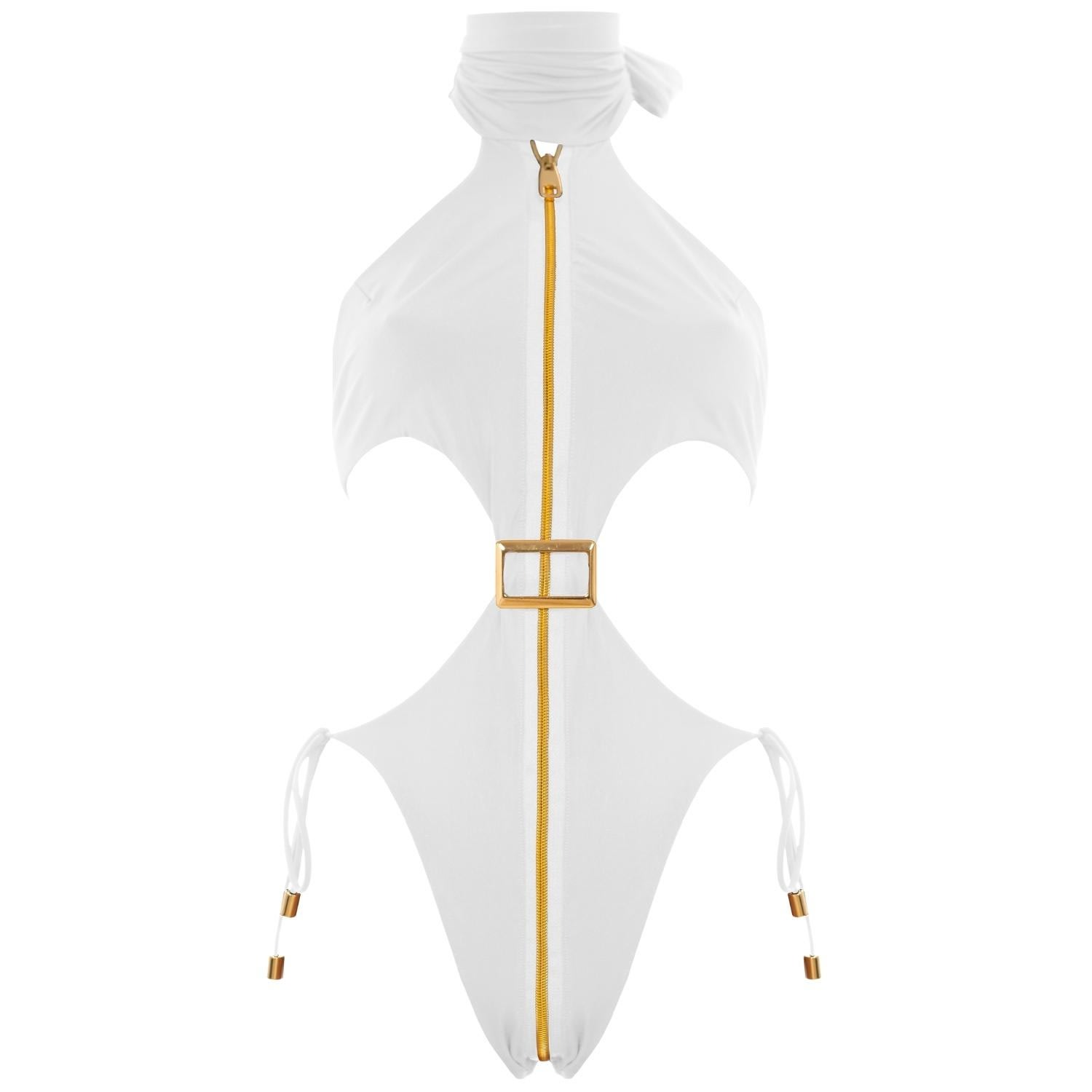 Antoninias Women's Cynosure Cut-out One-piece Swimwear With Golden Details And Zip In White