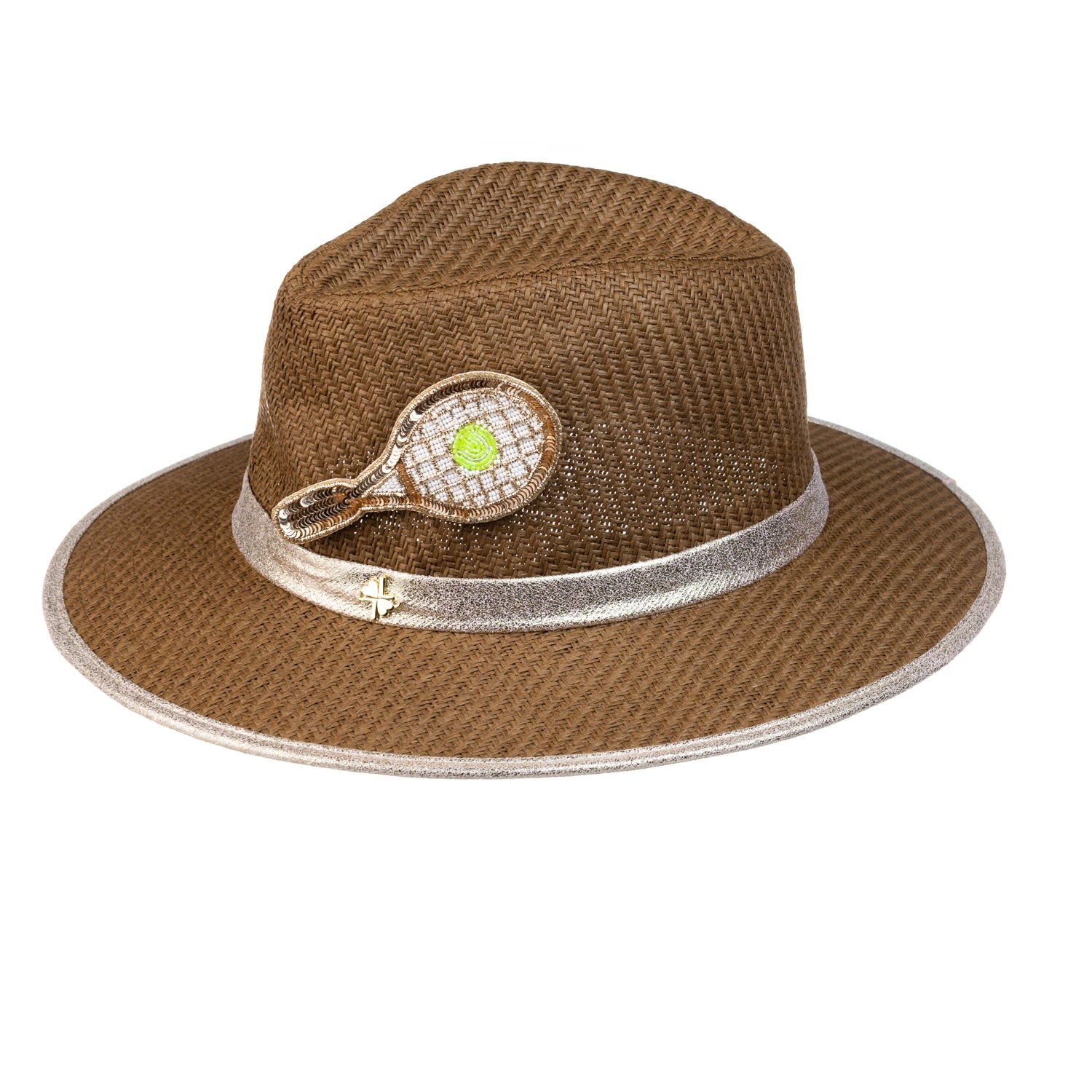 Women’s Brown Straw Woven Hat With Embellished Tennis Racket Brooch - Caramel One Size Laines London