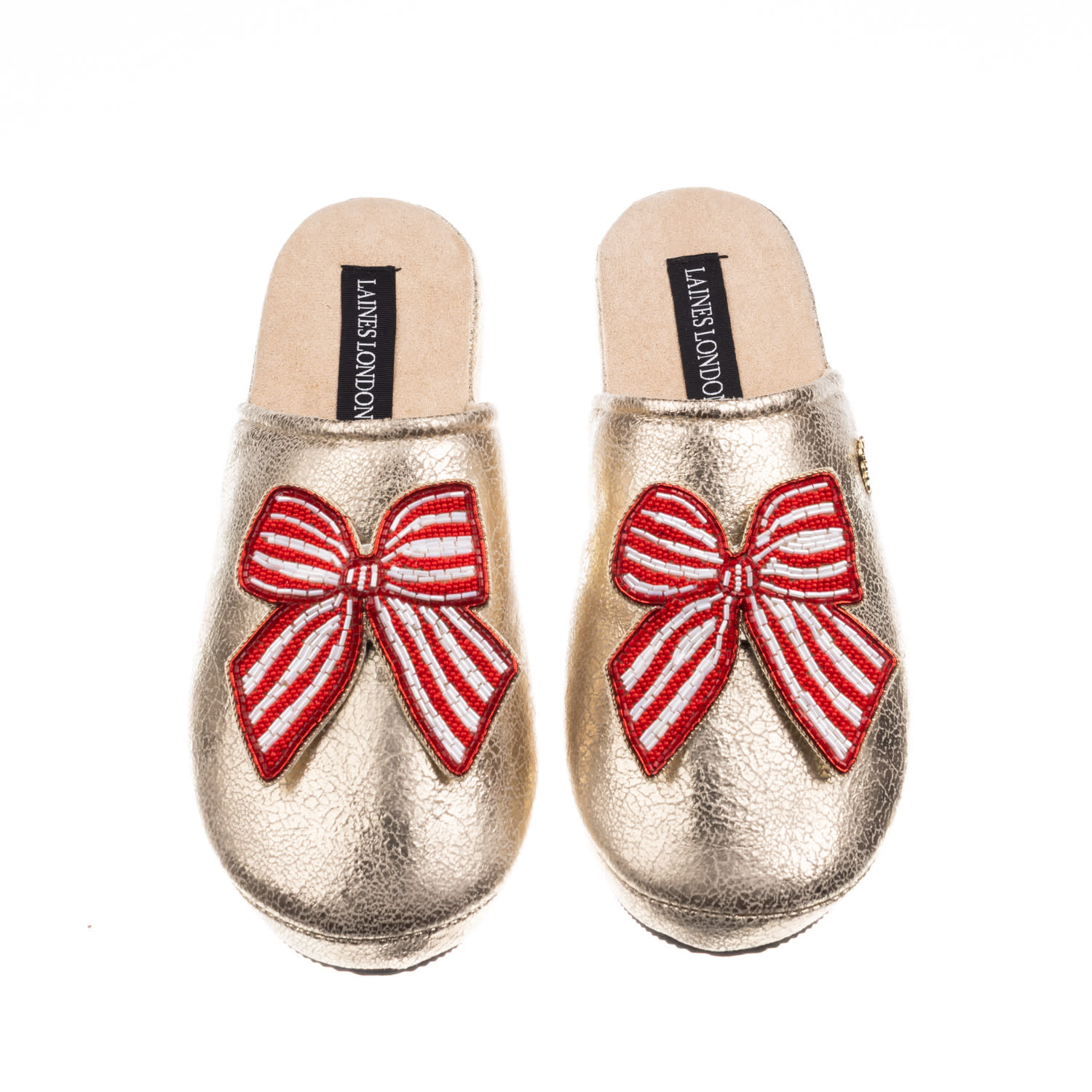 Laines London Women's  Gold Softie Slippers With Stripe Red Bow Brooches In Gold