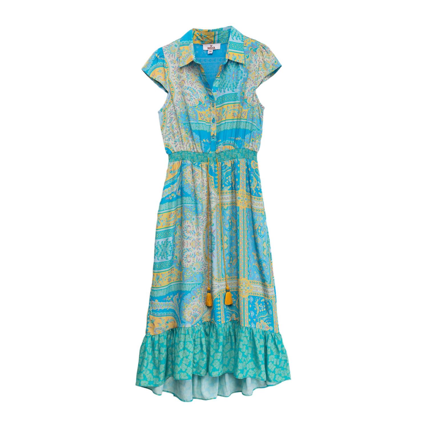 Niza Women's Blue Honeycomb Midi Dress With Mixed Prints In Blue