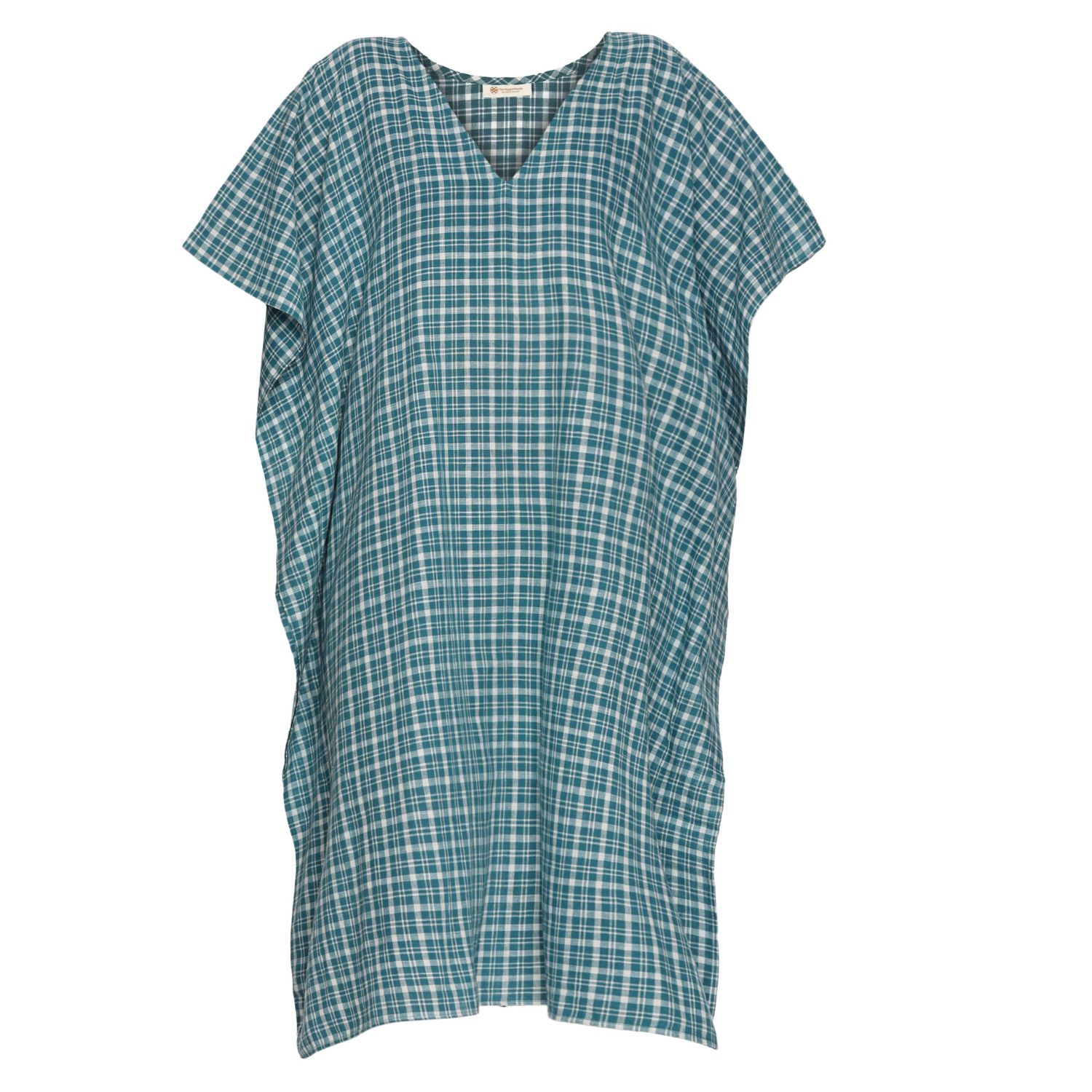 Heritagemoda Women's Blue Handwoven Cotton Turquoise Check Kaftan – Breezy, Elegant, Artisanal