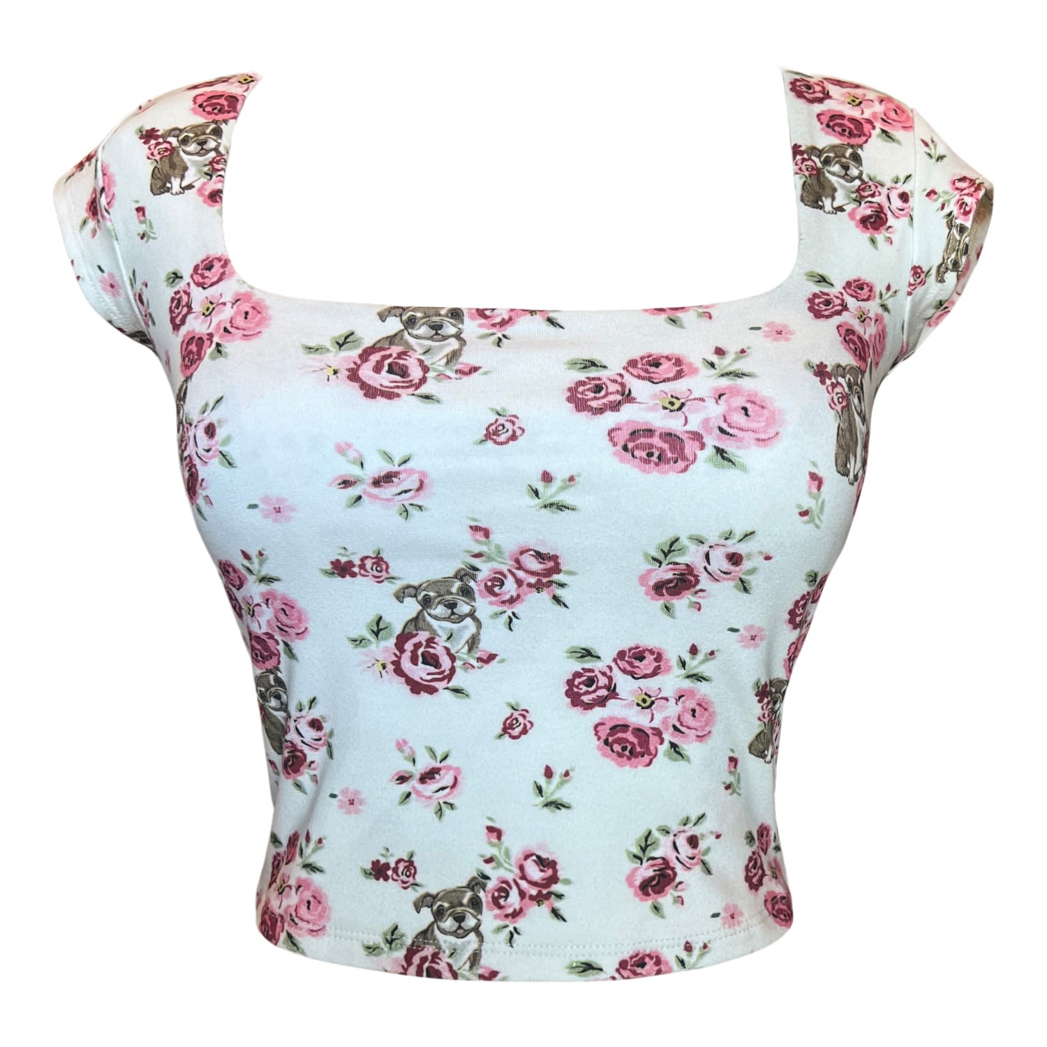 Cloud Haven Women's White / Brown / Red  Rose Bulldog Square Neck Tee In Soft Red In White/brown/red