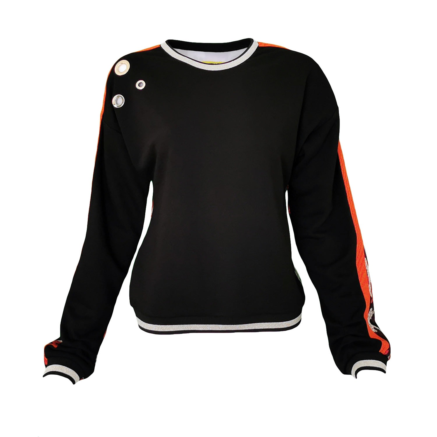 Lalipop Design Women's Black Sweatshirt With Eyelet Details & Camo Digital Print In Black