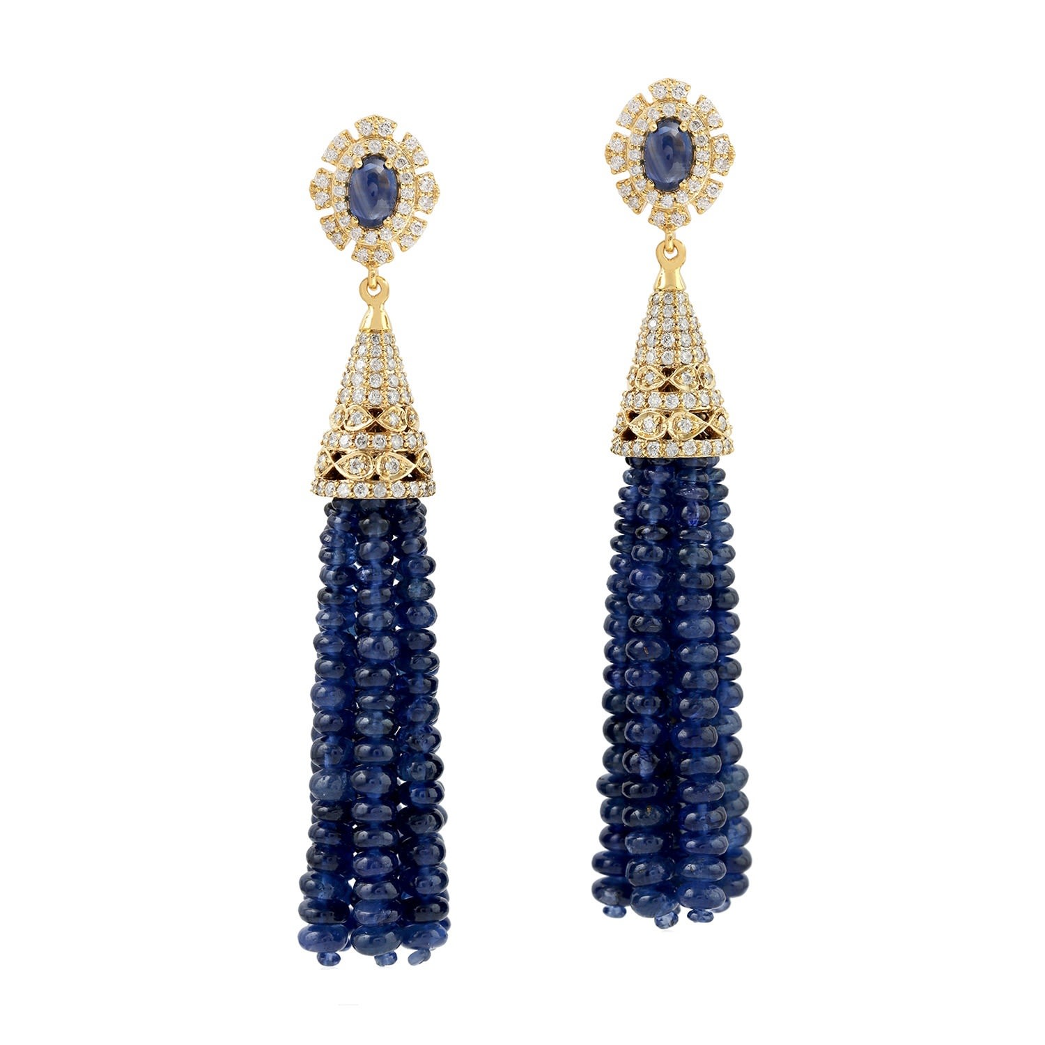 Women’s White / Gold / Blue 18K Yellow Gold Blue Sapphire Bead Tassel Earrings Diamond Jewelry Artisan