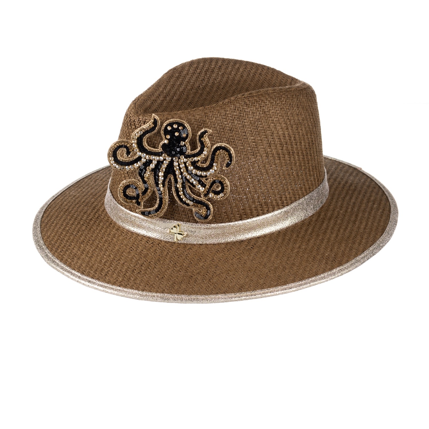 Women’s Brown Straw Woven Hat With Embellished Black & Gold Octopus Brooch - Caramel One Size Laines London