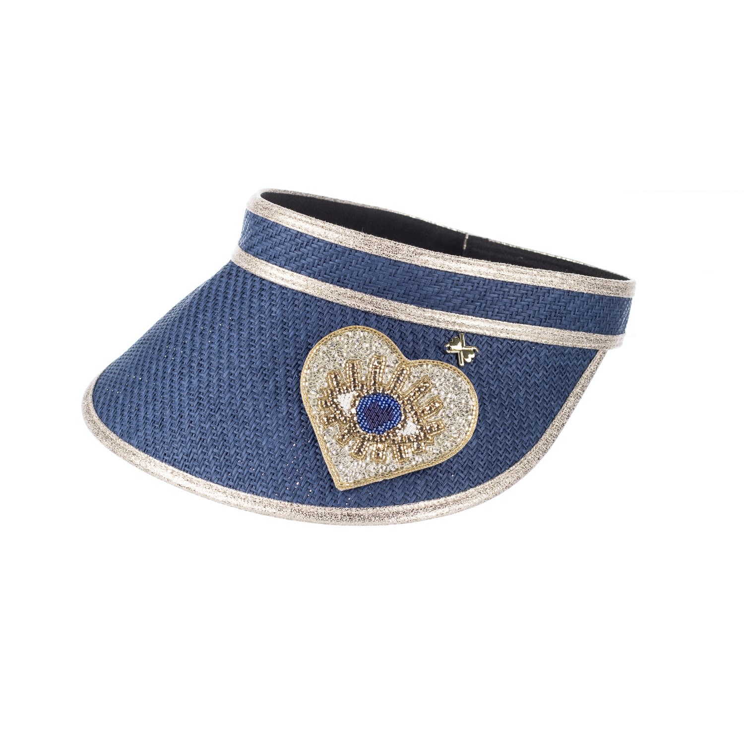 Women’s Straw Woven Visor With Embellished Couture Gold & Blue Heart Eye Brooch - Navy One Size Laines London