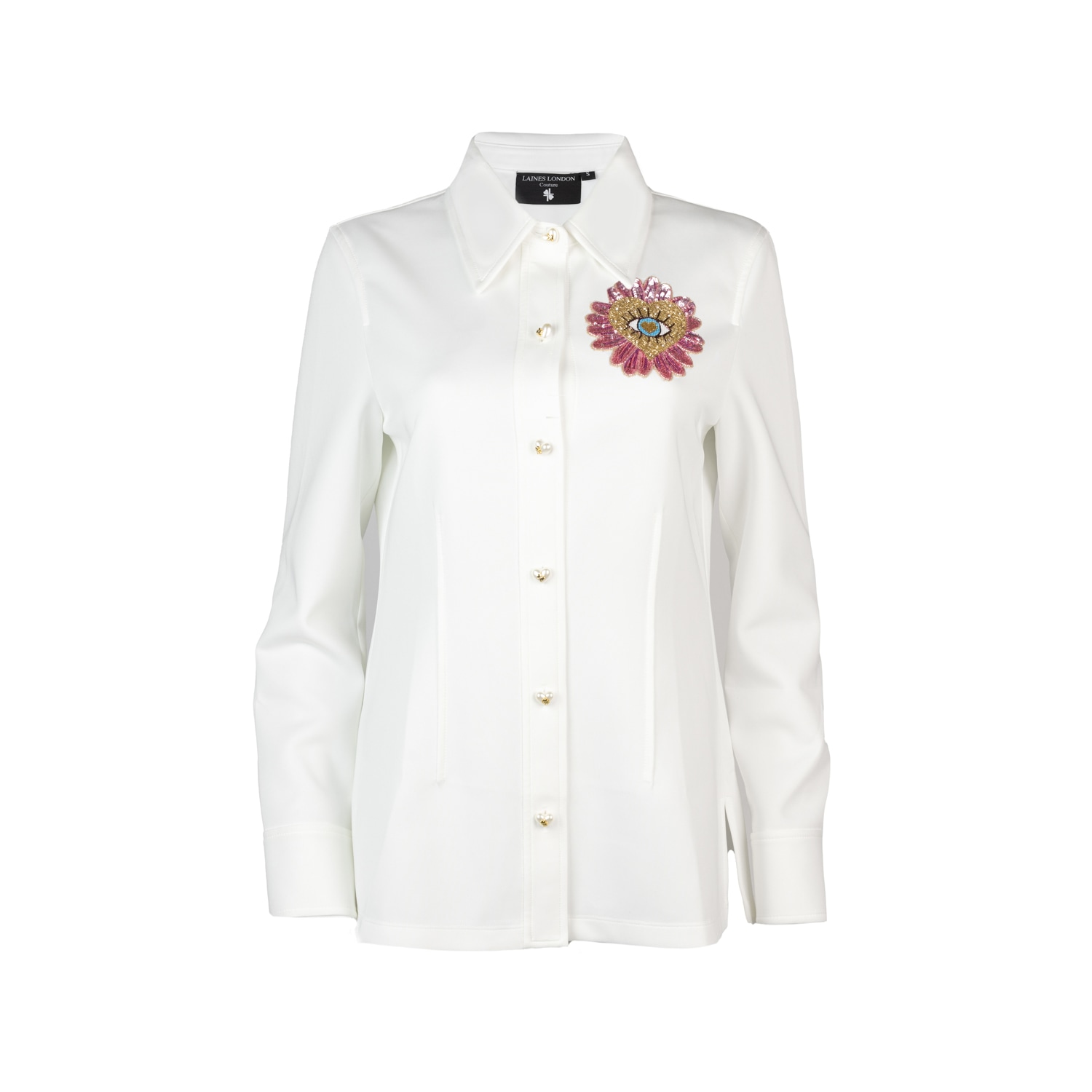 Women’s White Laines Couture Shirt With Embellished Pink Flower Eye Shirt Small Laines London