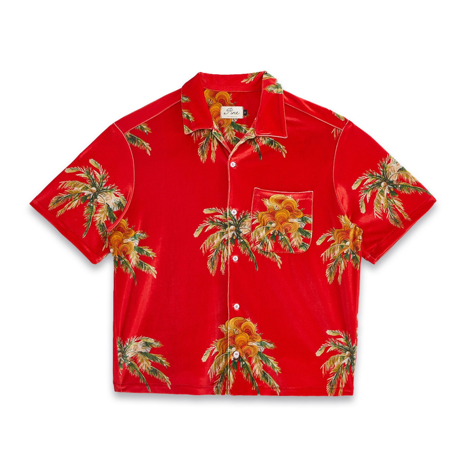 Men’s Aloha Shirt-Burning Palm-Red Large Pine Los Angeles