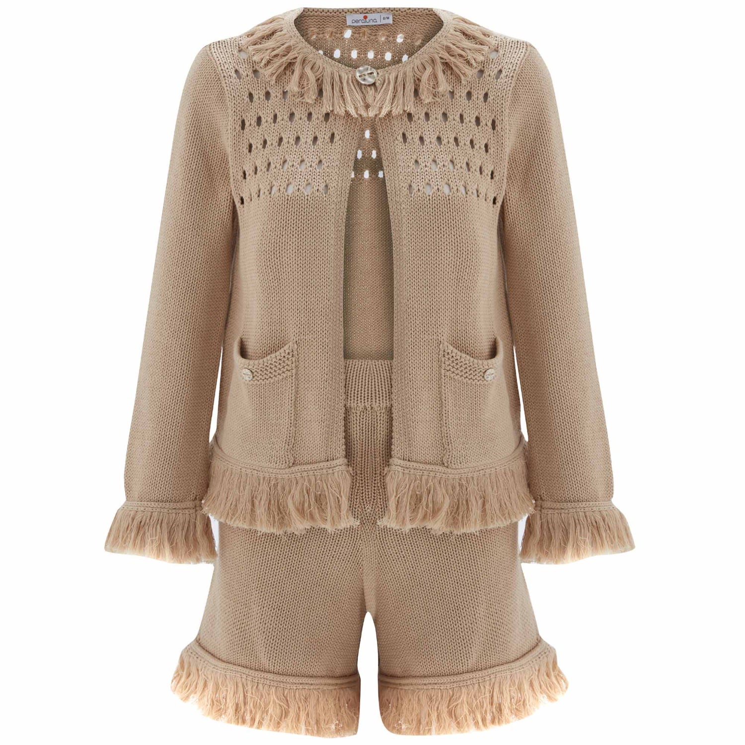 Peraluna Brown Miyoki Knitted Crop Cardigan & Shorts Matching Set In Beige In Brown