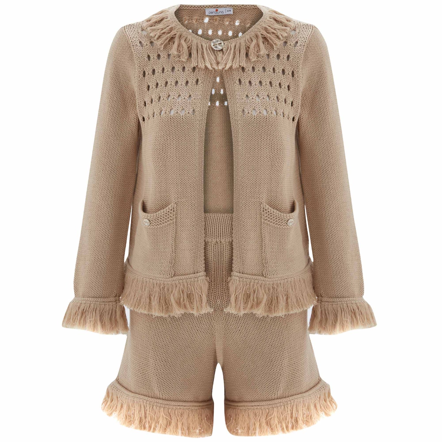 Brown Miyoki Knitted Crop Cardigan & Shorts In Beige L/Xl Peraluna