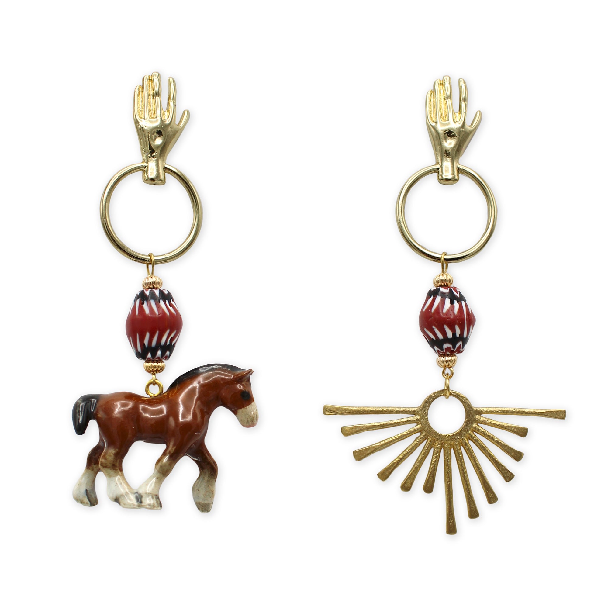 Midnight Foxes Studio Women's Gold / Brown Brown Horse & Sun Gold Earrings In Multi