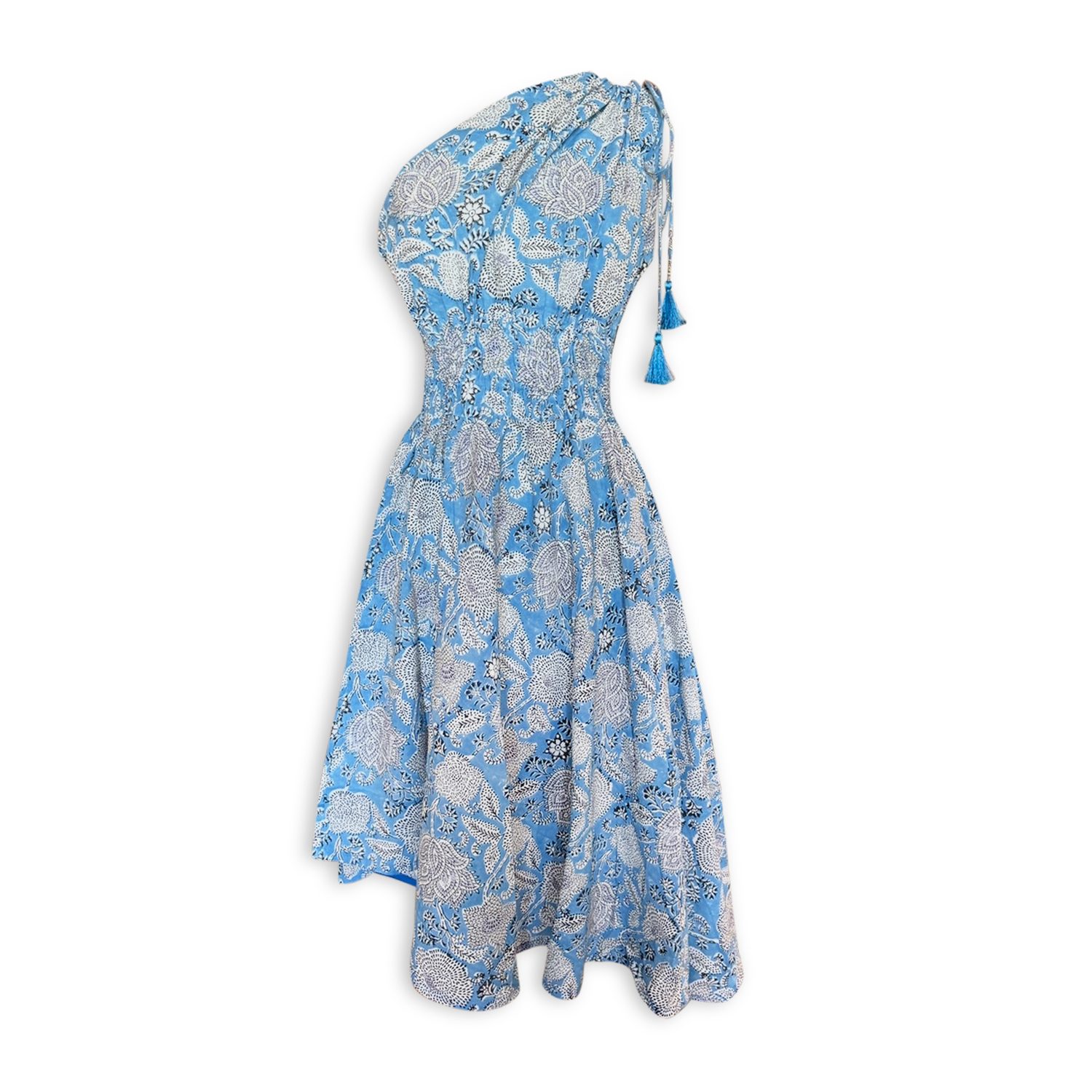 Pick Happy Women's Blue One Shoulder Asymmetry Goddess Cotton Dress With Silk Tassels Botanical Azure