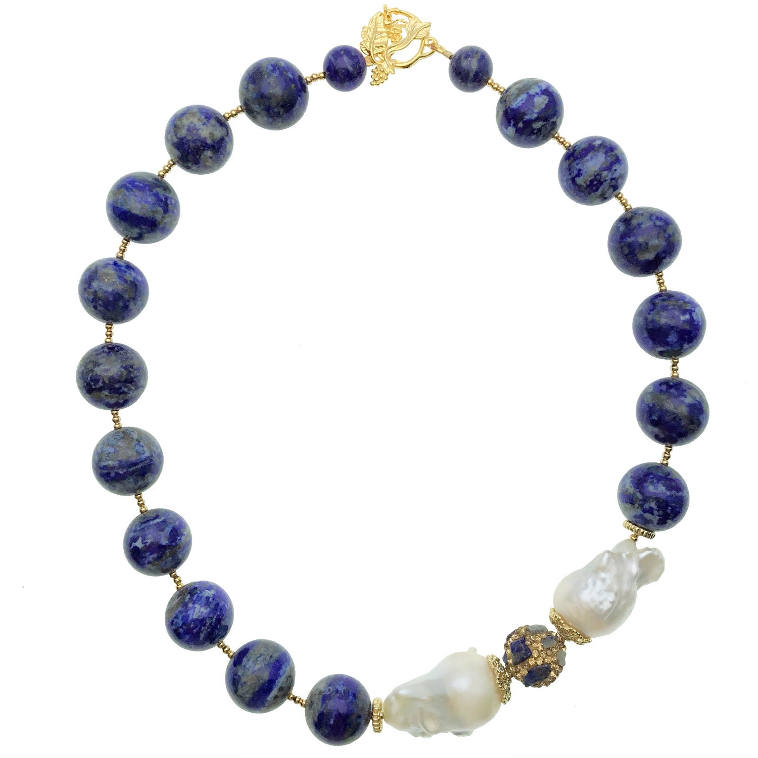 Farra Women's Blue / White Natural Round Lapis With Baroque Necklace