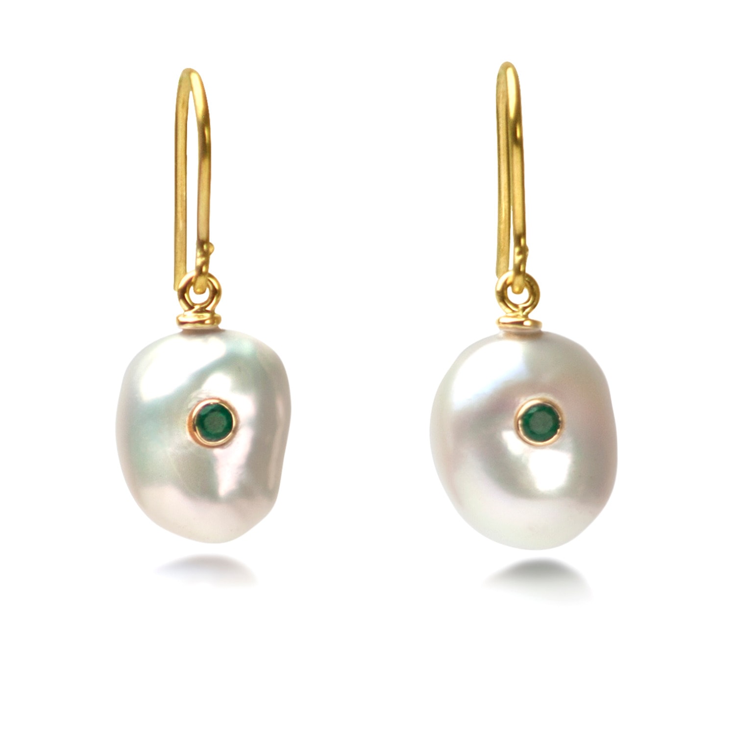 Women’s Green / Gold / White Keshi Pearl Earrings With Emerald In Solid Gold The Jewellery Store London