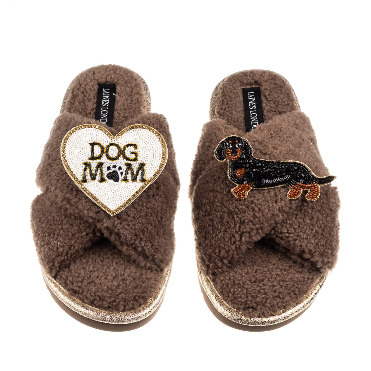 Laines London Women's Brown / Neutrals Boucle Slippers With Dog Mum/mom & Black & Tan Dachshund Brooches - Mink In Brown