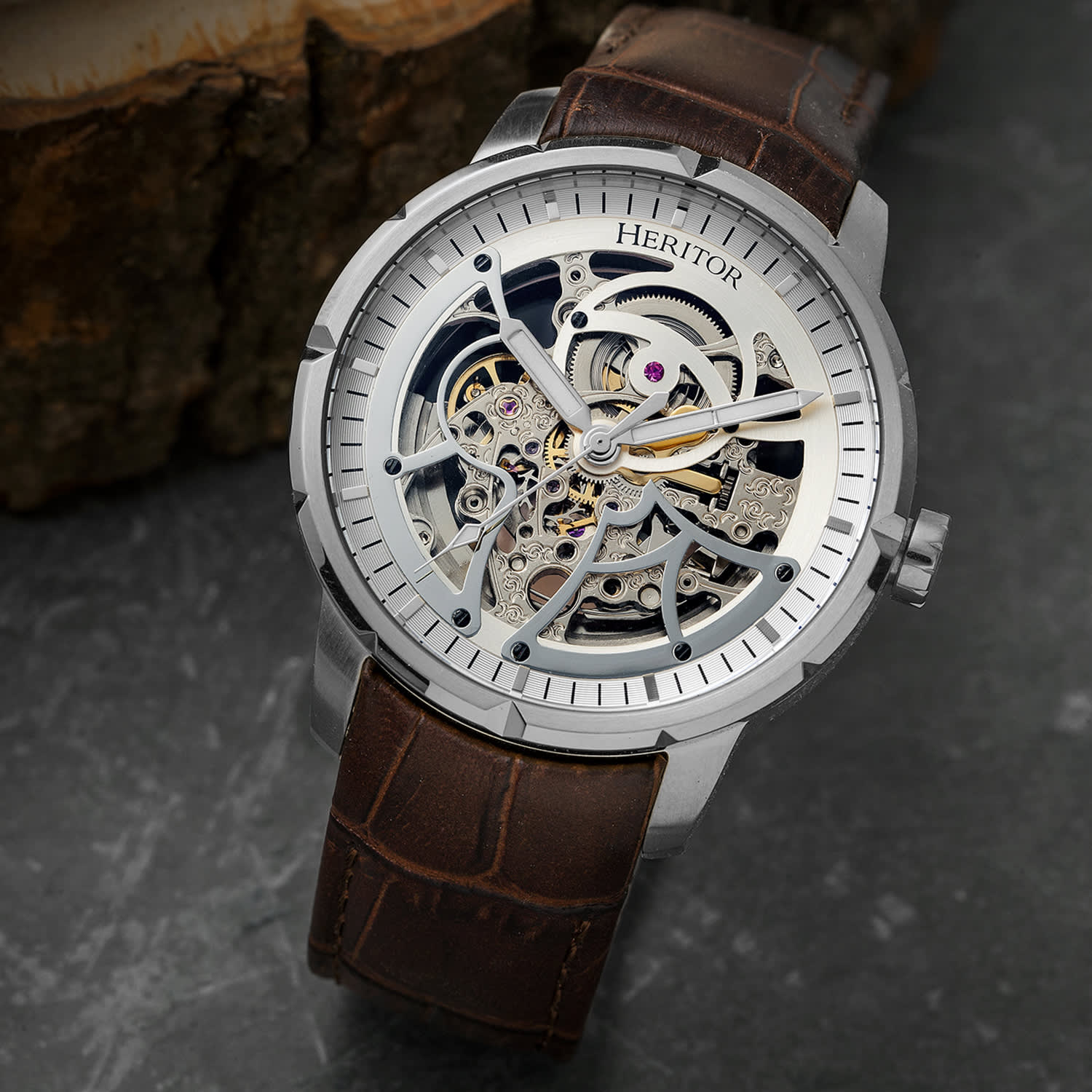 Ryder Leather Band Skeleton Watch Brown Silver Heritor
