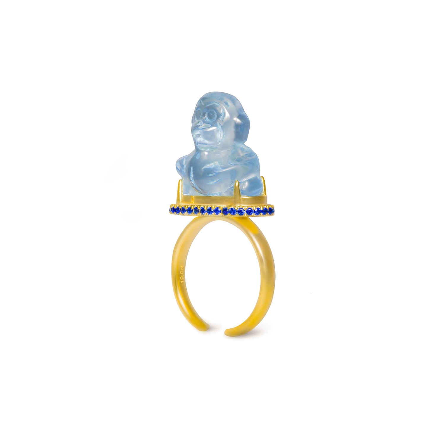 Jiaying Wang Wjy Studio London Women's Blue / Gold Handmade Engraved Aquamarine Gemstones Lucky Monkey Ring