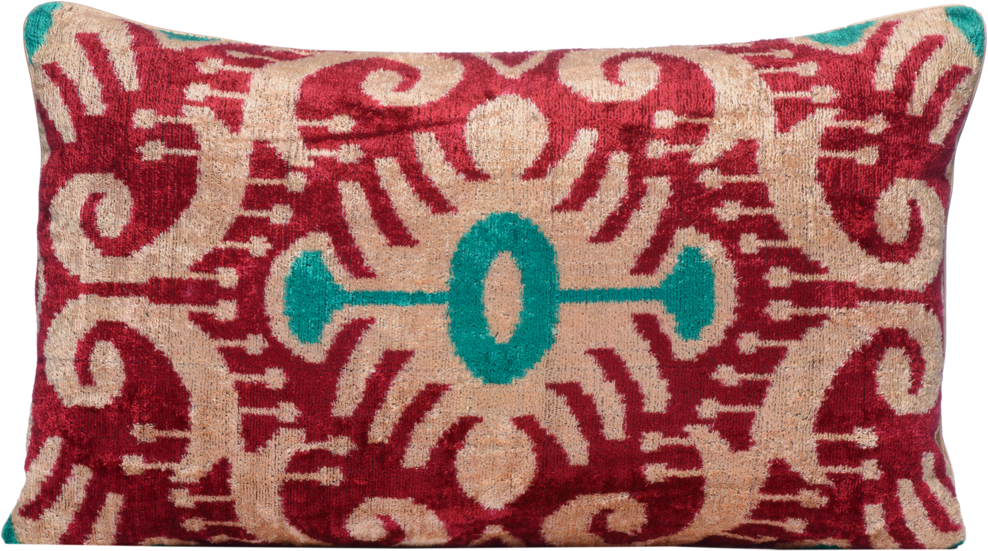 Hand-Woven Reversible Silk Velvet Ikat Cushion - Red, Green & Cream Anor Living