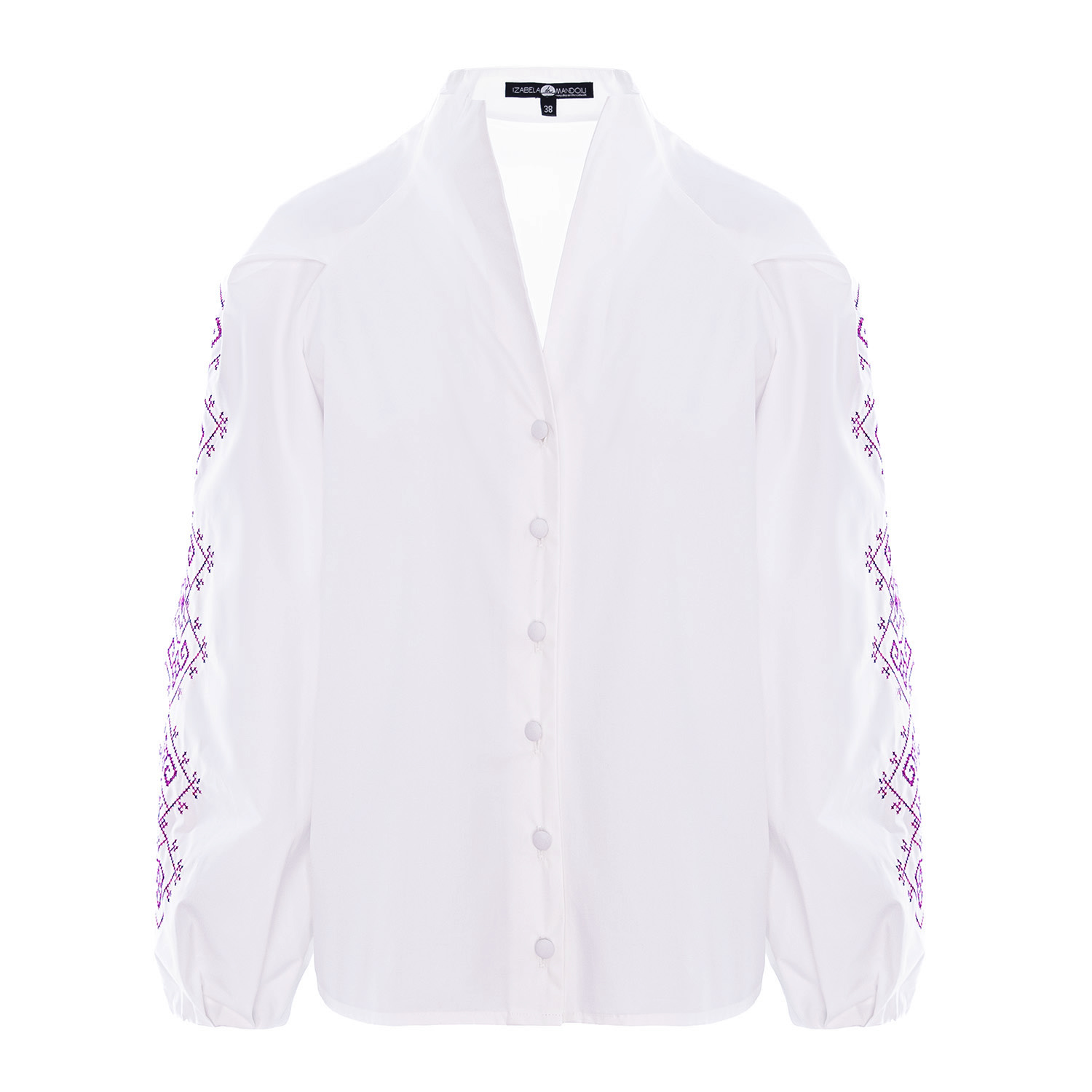Izabela Mandoiu Women's White Button-up Shirt With Multicolored Embroidered Sleeves In White
