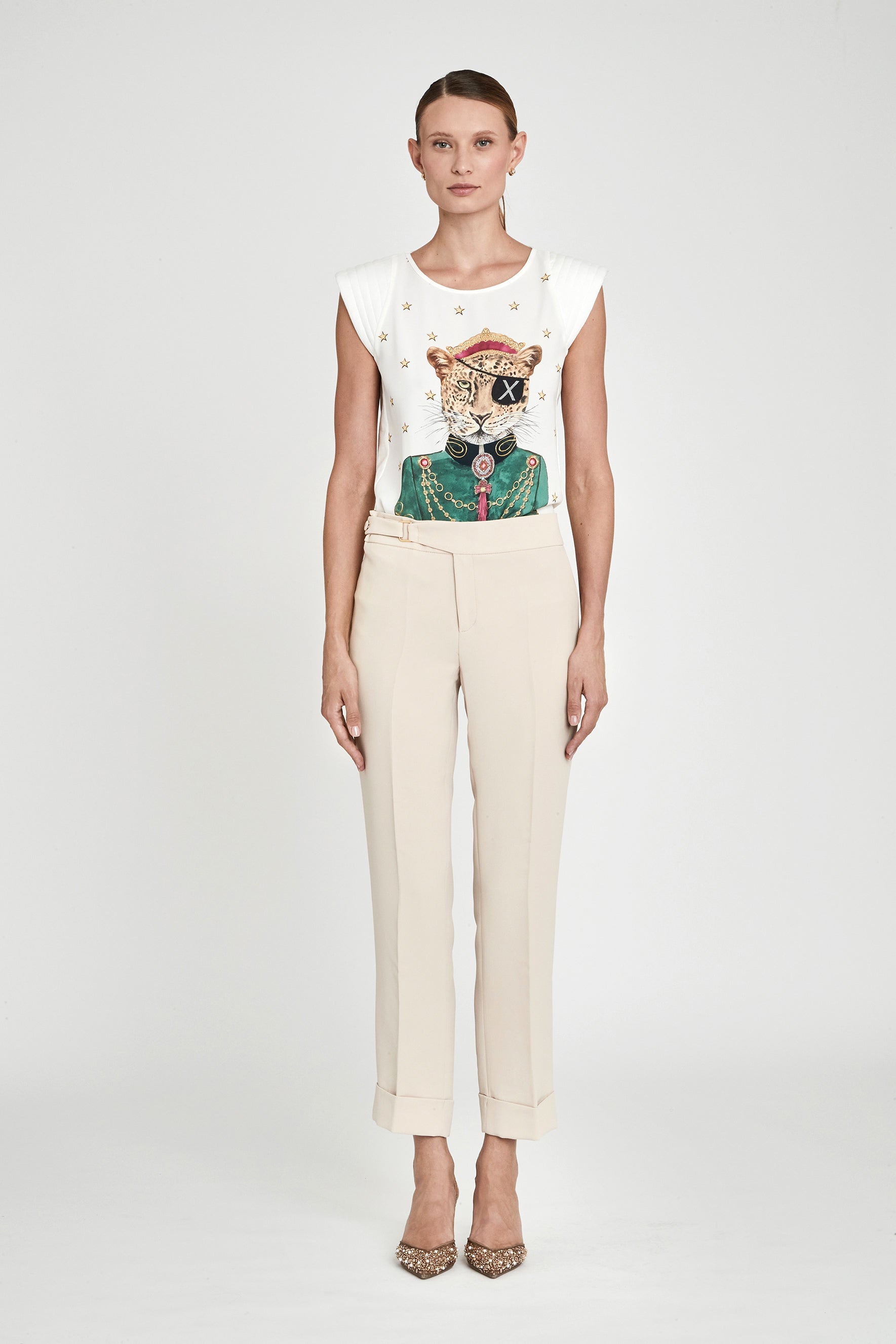The Extreme Collection Women's Neutrals Buckle Trousers Toffee Atelier With High Waist And Straight Leg In White