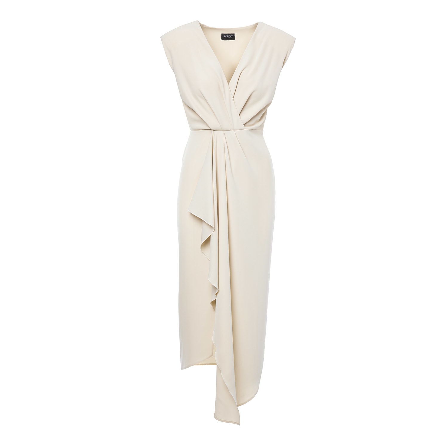 Bluzat Women's Neutrals Ivory Midi Dress With Draping And Pleats In White