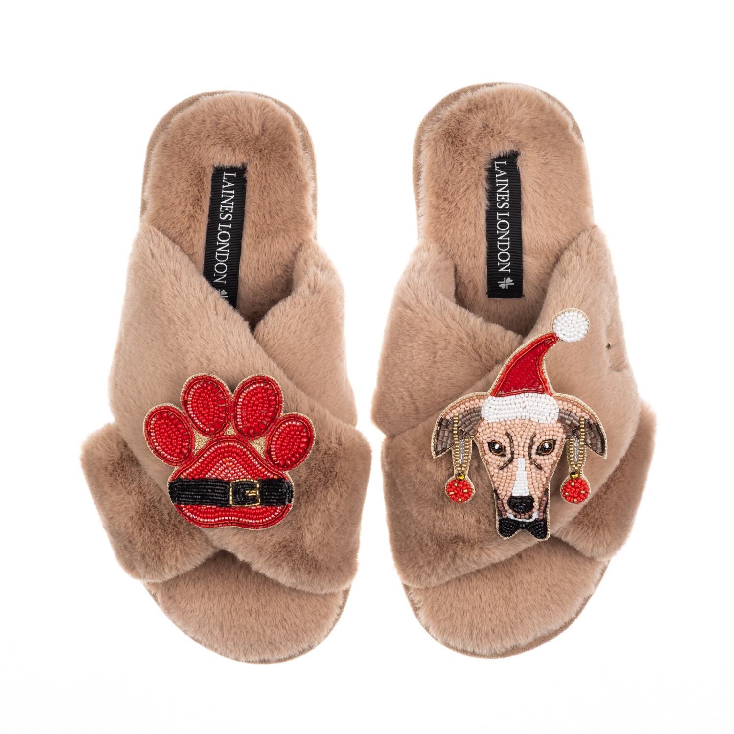 Laines London Women's Brown / Neutrals Classic Slippers With Christmas Greyhound & Paw Brooches - Toffee In Brown