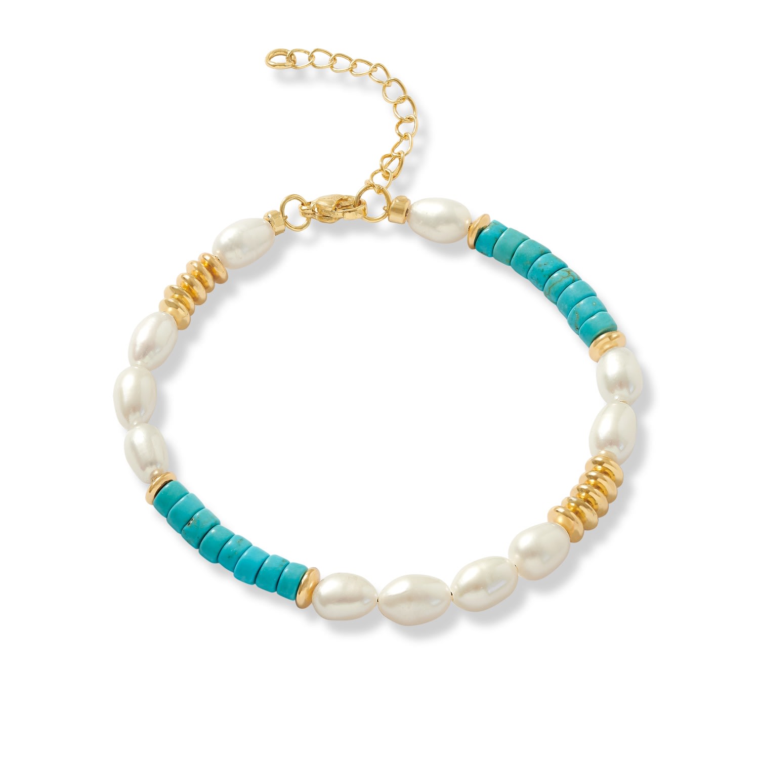 Women’s Gold / Blue / White Nova Oval Cultured Freshwater Pearls Bracelet With Turquoise & Gold Beads Pearls of the Orient Online