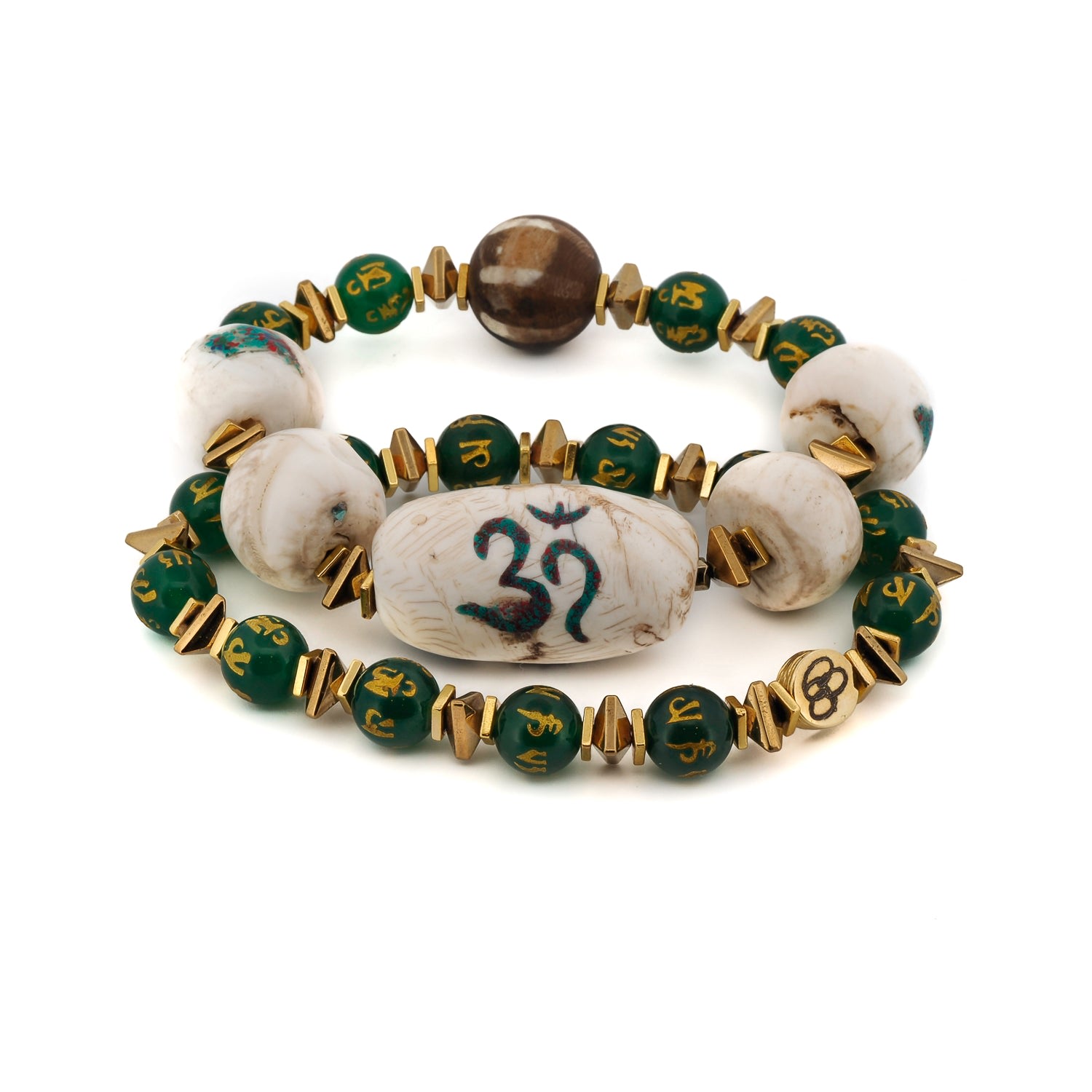 Women’s Gold / Green / White Tibetan Green Mantra Yoga Meditation Beaded Bracelet Set - Green Ebru Jewelry