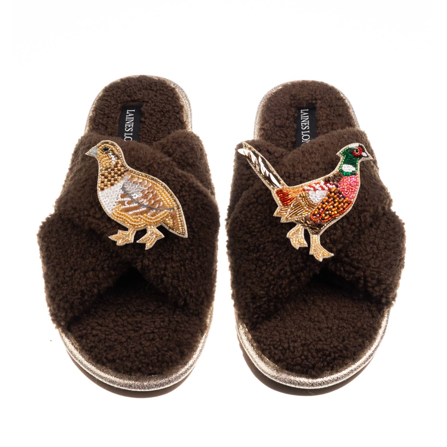 Laines London Women's Brown / Neutrals Laines Neutral Boucle Slippers With Pheasant & Hen Brooches - Chocolate In Brown