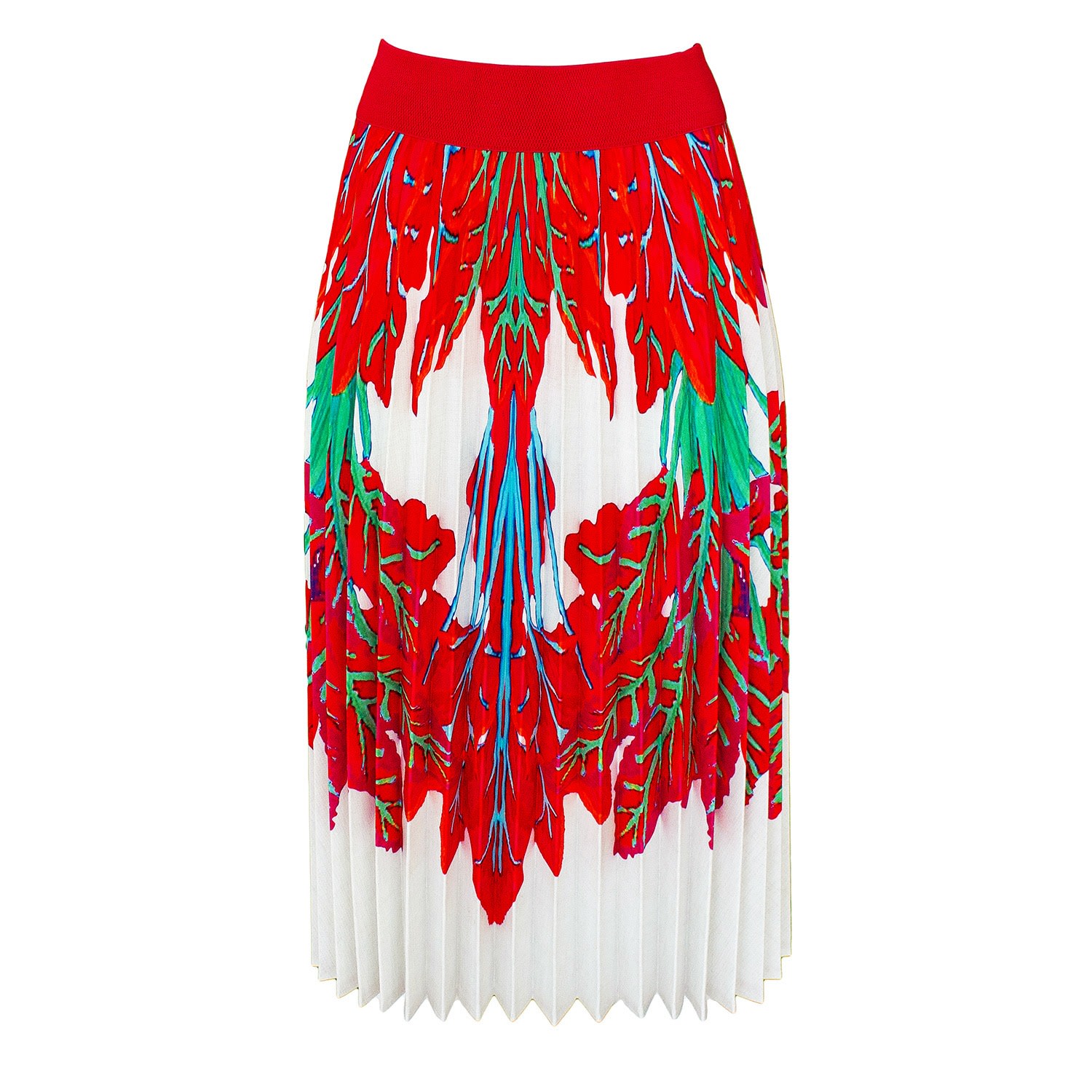 Lalipop Design Women's Half Circle Pleated White Midi Skirt With Red Leaves Print In White