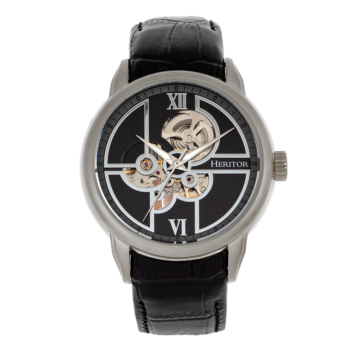 Heritor Automatic Men's Black / Silver Sanford Semi-skeleton Leather-band Watch - Black, Silver In Black/silver