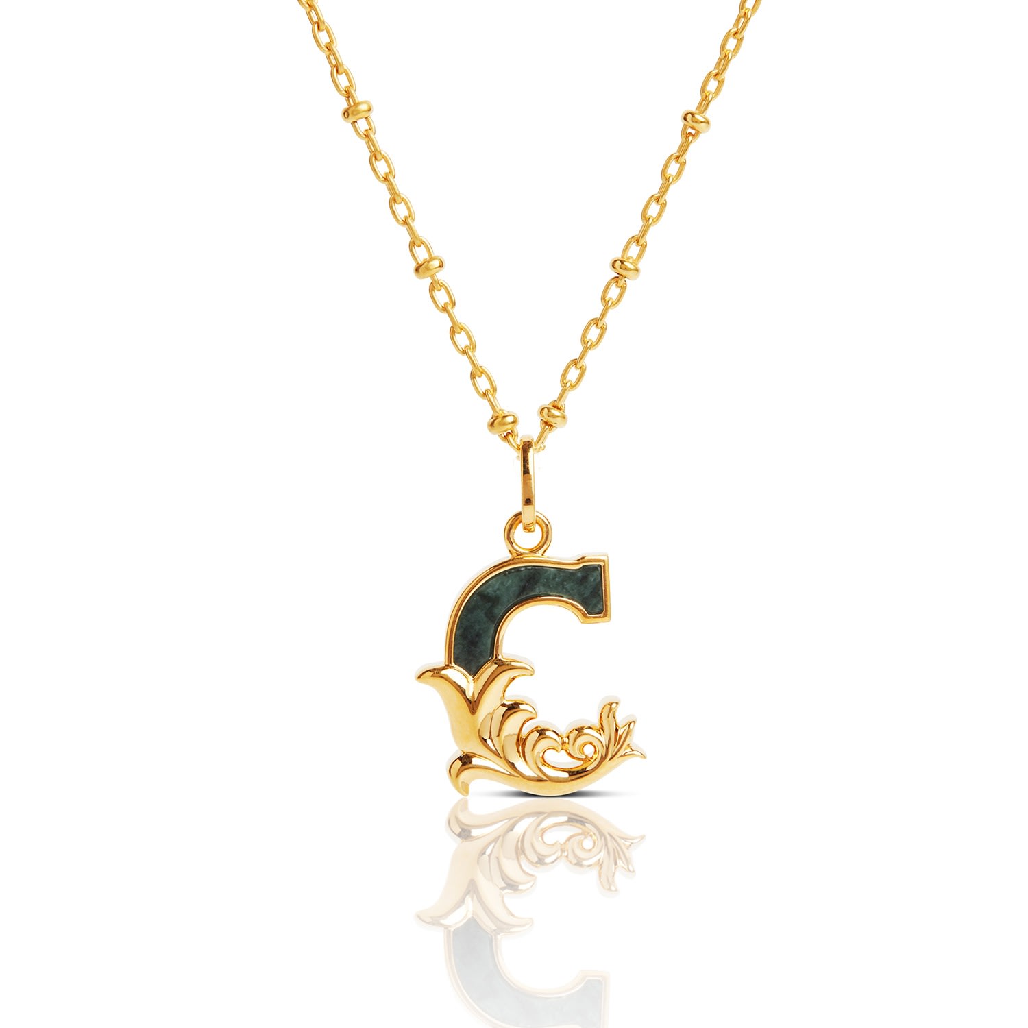 Kasun Women's Gold Plated C Initial Necklace With Green Marble In Gold