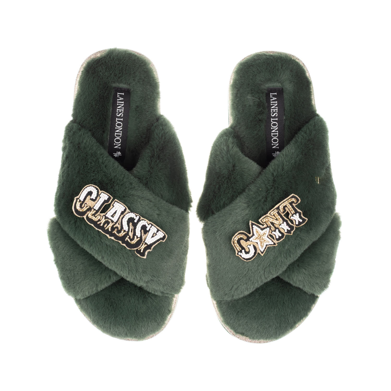 Laines London Women's Green / Gold Classic Laines Slippers With Classy Cunt Brooches - Limited Edition Green In Green