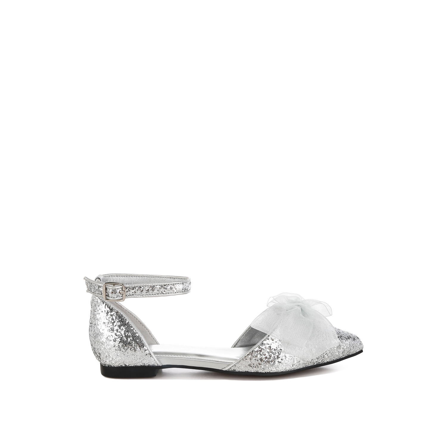 Rag & Co Women's Clarice Sheer Bow Detail Glitter Flat Sandals In Silver In Silver