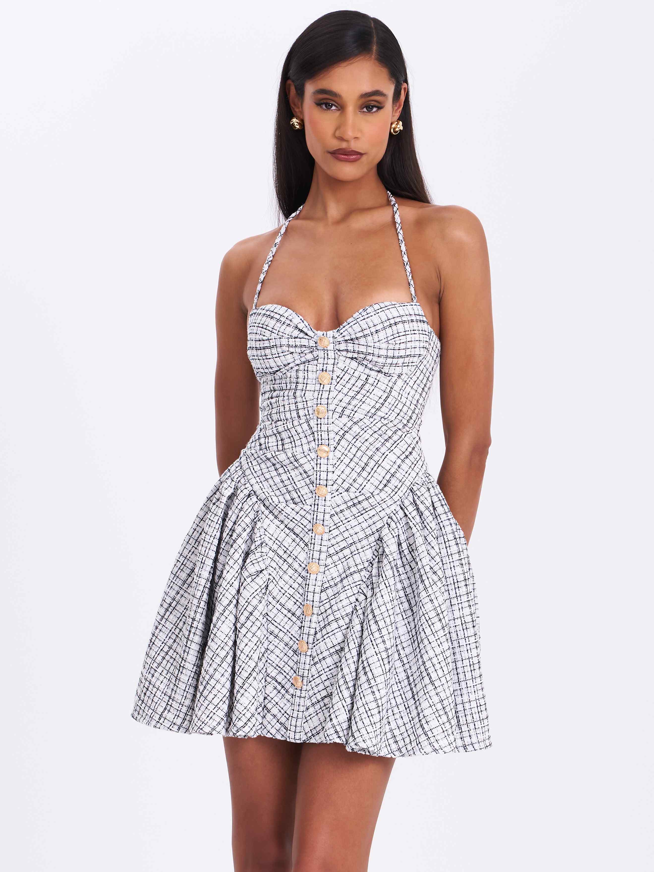 Melody Black & White Plaid Tweed Halter Drop Waist Mini Dress