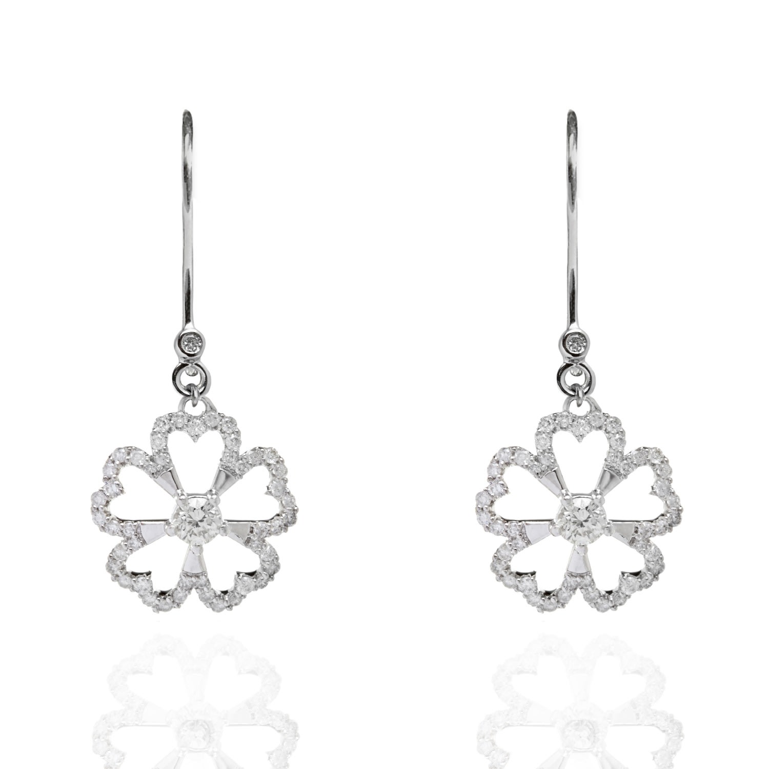 Kaizarin Women's White Twin Dangly Flowers Diamond Earrings In White