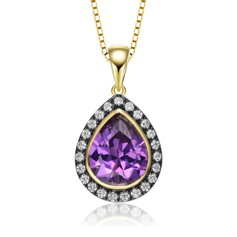 Genevive Jewelry Women's Gold / Black / Pink Gold Plated Teardrop Shaped Purple Cubic Zirconia Pendant Necklace