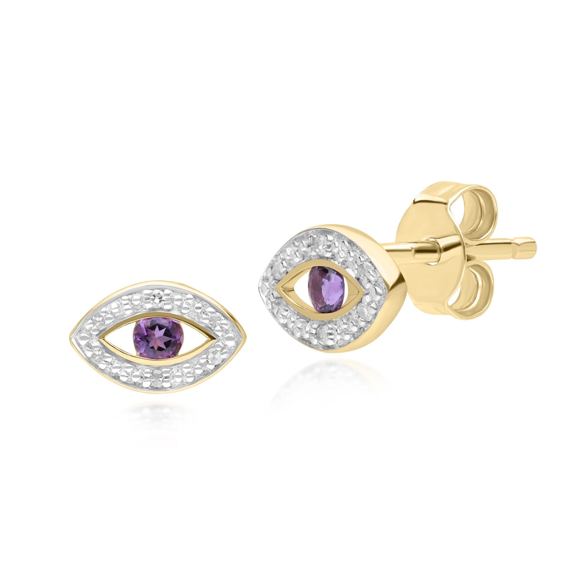 Women’s Gold / Pink / Purple Evil Eye Amethyst & Diamond Stud Earrings In Yellow Gold Gemondo