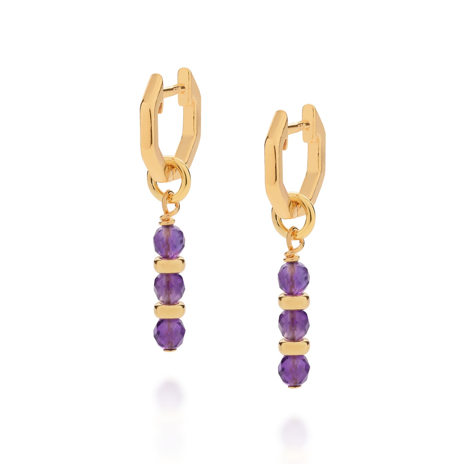 Nellou Jewellery Women's Pink / Purple / Gold Linear Huggie Birthstone Earrings February Gold Plated Sterling Silver 