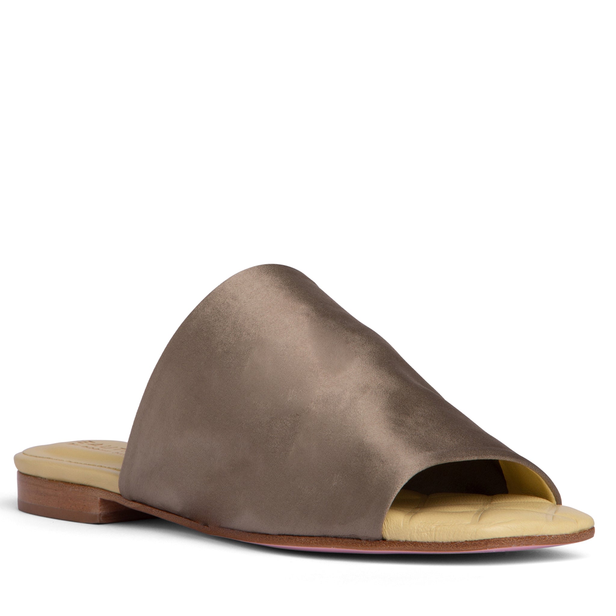 Beautiisoles By Robyn Shreiber Made In Italy Women's Green / Brown April Khaki Comfortable Flat Mule In Dressy Stretch Satin For Beach & Work In Green/brown