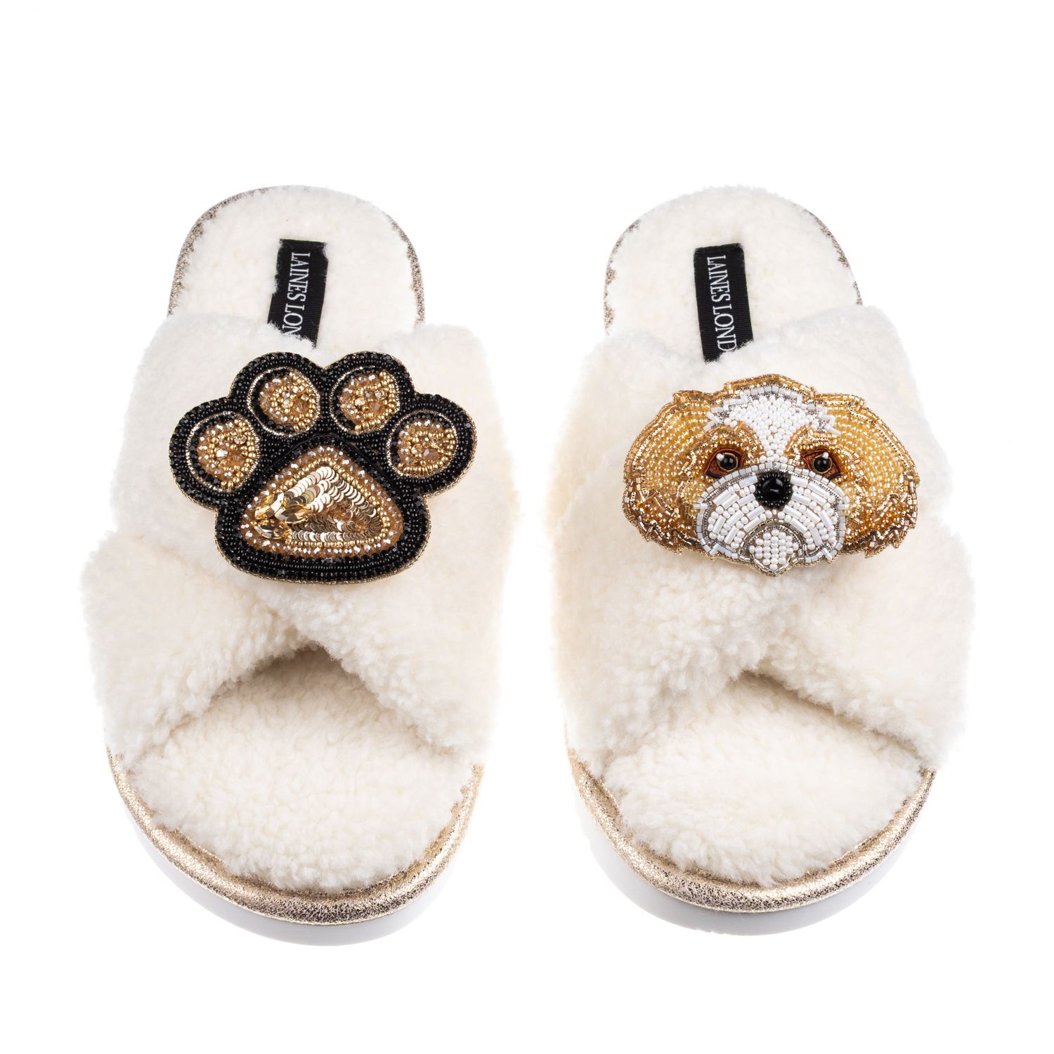 Laines London Women's Neutrals / White Boucle Slippers With Paw & Gold & White Shih Tzu Brooches - Cream In White
